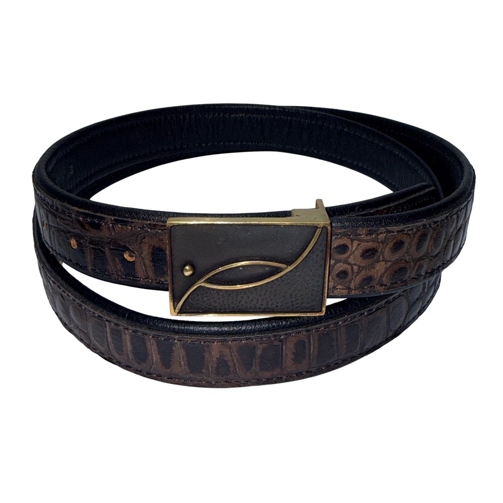 QUIN Designer Embossed Croc Leather Belt Gold Iridescent Buckle Fashion‎